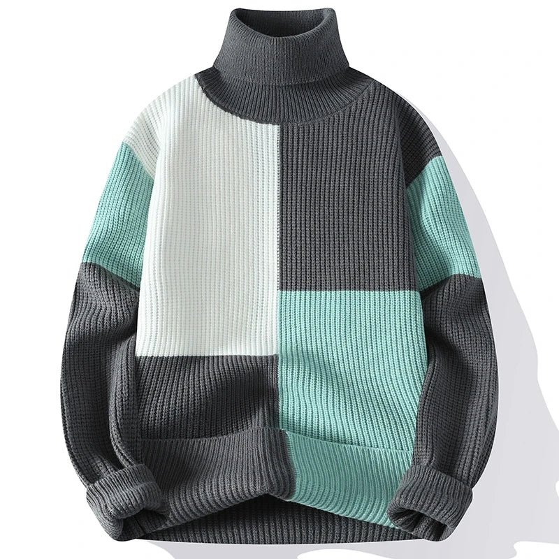 Eleganter Patchwork-Rollkragenpullover