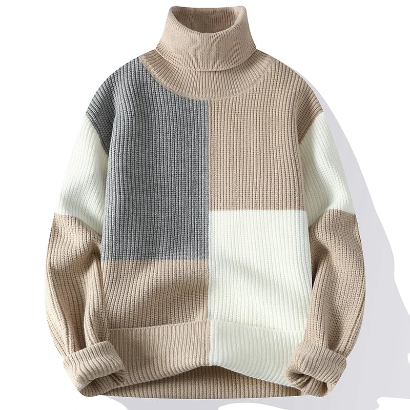 Eleganter Patchwork-Rollkragenpullover