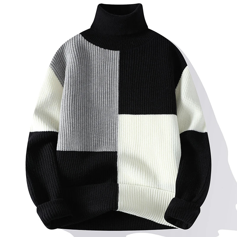 Eleganter Patchwork-Rollkragenpullover