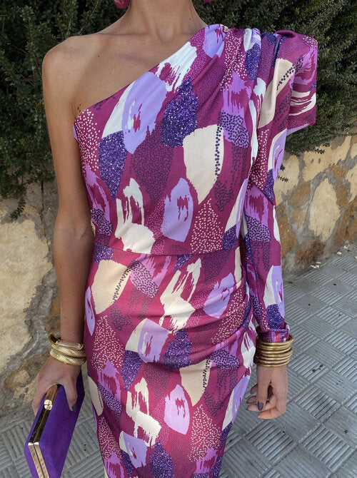 Elle - Violettes Ein-Schulter-Midikleid mit Quaste