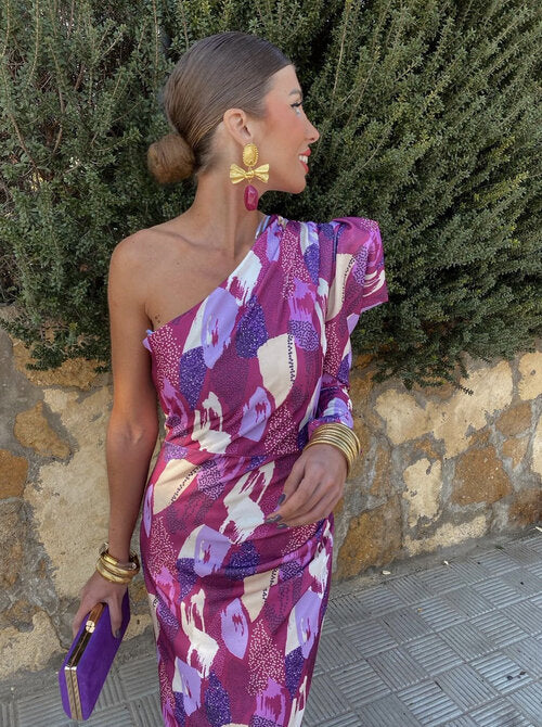 Elle - Violettes Ein-Schulter-Midikleid mit Quaste